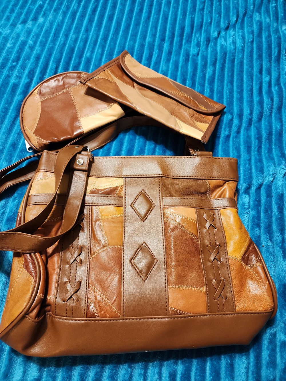Lambskin Vintage 80's 3 Piece Women’s Patchwork Leather Shoulder Bag in Brown